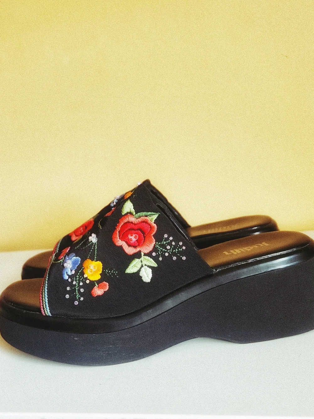 Floral Embroidered Black Platform Slides